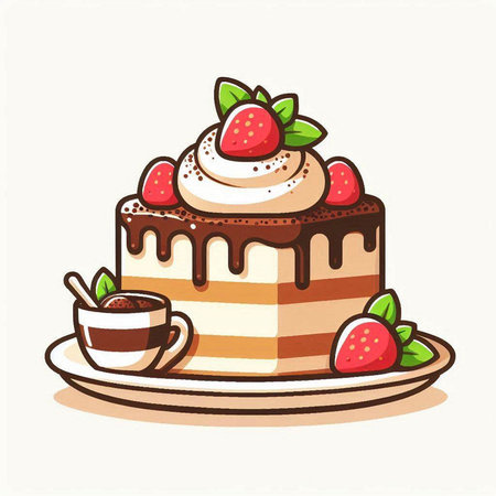 Chocolate cake with cream and strawberries on a plate. Vector illustration.のイラスト素材