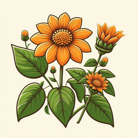 Illustration of orange flowers with green leaves on a beige backgroundのイラスト素材