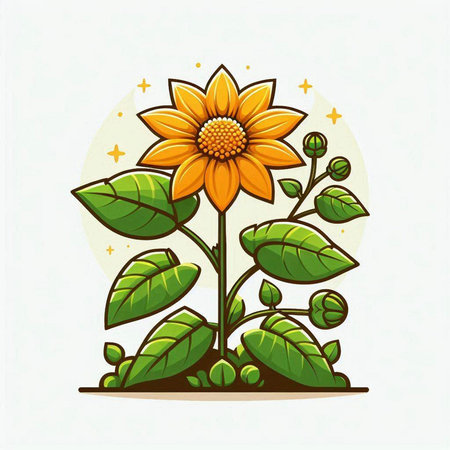Illustration of a sunflower with green leaves on a white backgroundのイラスト素材