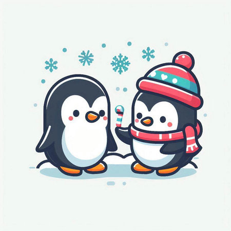 Cute cartoon penguin couple in winter clothes. Vector illustration.のイラスト素材