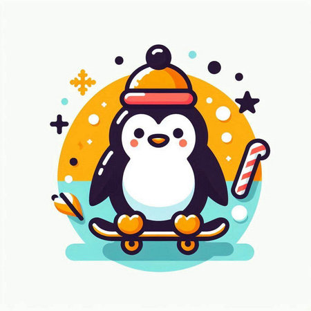 Cute penguin with skateboard and candy. Vector illustration.のイラスト素材