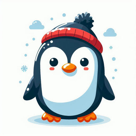 Cute cartoon penguin with hat and scarf. Vector illustration.のイラスト素材