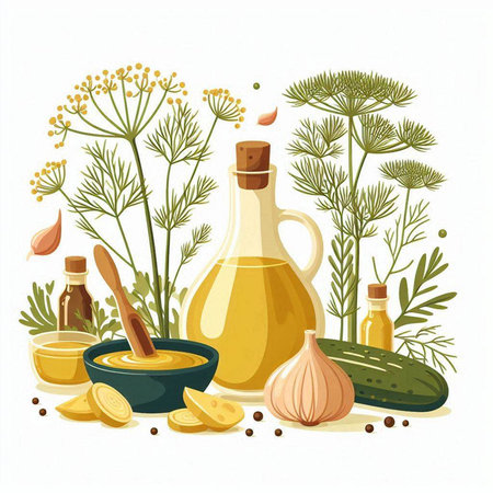 Cucumber oil, garlic and dill. Vector illustration.のイラスト素材