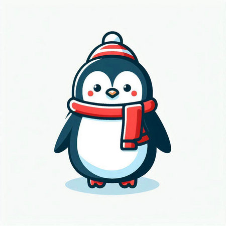 Cute cartoon penguin with scarf and hat. Vector illustration.のイラスト素材