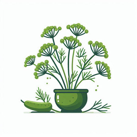 Dill and cucumber in a clay pot. Vector illustration.のイラスト素材