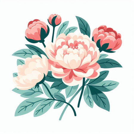 Beautiful peony flowers bouquet. Hand drawn vector illustration.のイラスト素材