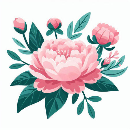 Beautiful pink peony flowers with green leaves. Vector illustration.のイラスト素材