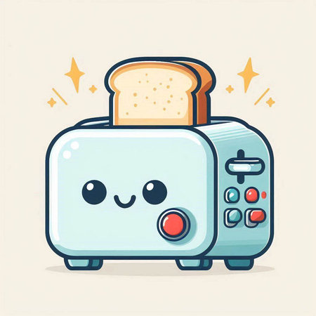 Cute cartoon toaster with bread. Vector illustration in flat style.のイラスト素材