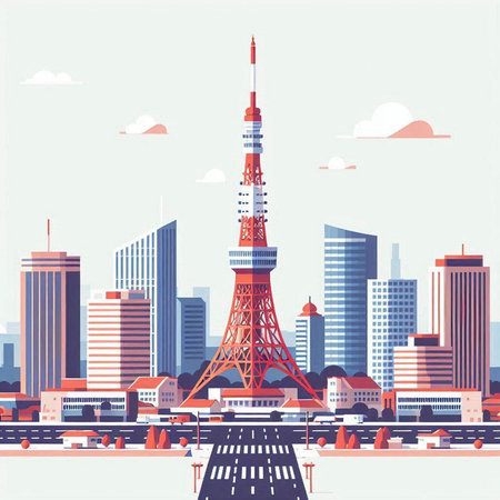 Tokyo tower in Tokyo, Japan. Vector illustration. Flat style.のイラスト素材