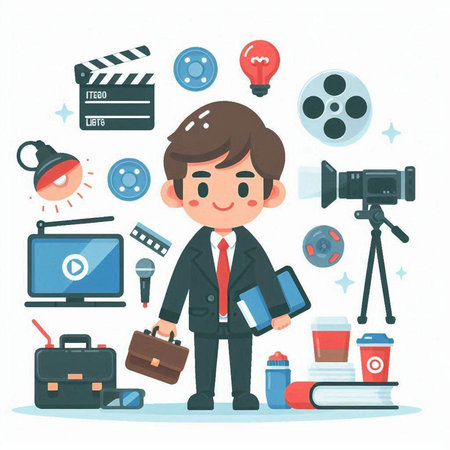 Businessman and set of objects on white background. Vector illustration.のイラスト素材