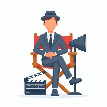 Movie director sitting on chair and holding movie clapper. Vector flat cartoon illustrationのイラスト素材