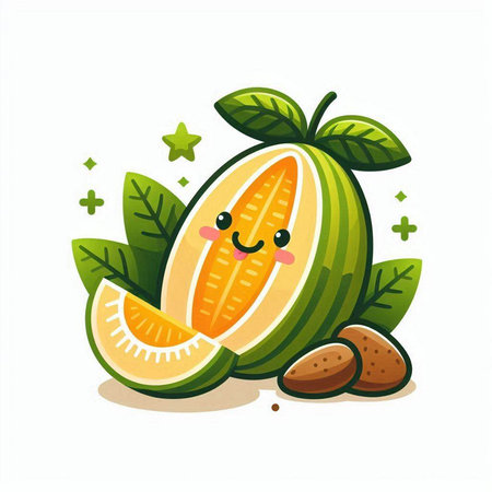 Cute cartoon watermelon character with green leaves. Vector illustration.のイラスト素材
