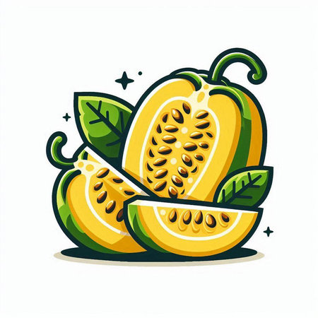 Illustration of fresh yellow melon with green leaves on white backgroundのイラスト素材