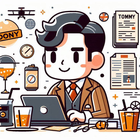 Businessman working at office. Vector illustration in line art style.のイラスト素材