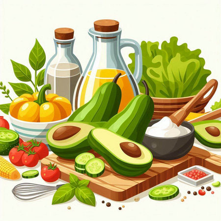 Vector illustration of ingredients for cooking healthy food: avocado, tomatoes, olive oil, spices, salt, pepper, basil.のイラスト素材