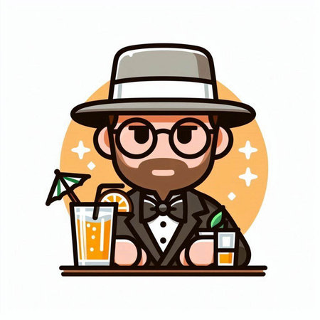 Cute cartoon bartender character with glasses and hat. Vector illustration.のイラスト素材