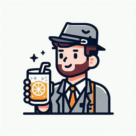 Cute vector illustration of a man holding a glass of orange juice.のイラスト素材