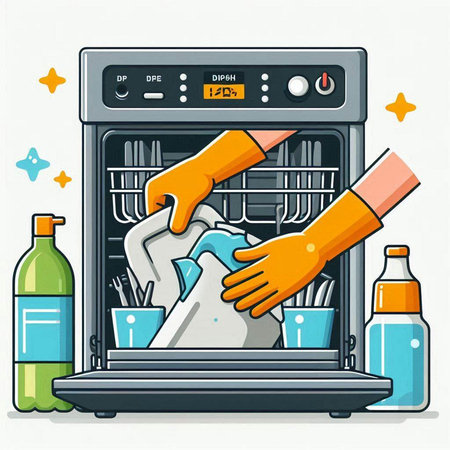 Dishwasher machine with cleaning products. Vector illustration in cartoon style.のイラスト素材
