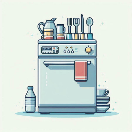 Kitchen utensils and dishwasher. Vector illustration in flat styleのイラスト素材