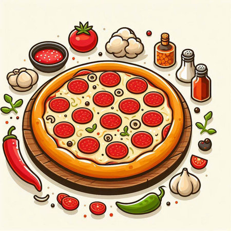 Pizza with ingredients on white background. Vector illustration of pizza.のイラスト素材