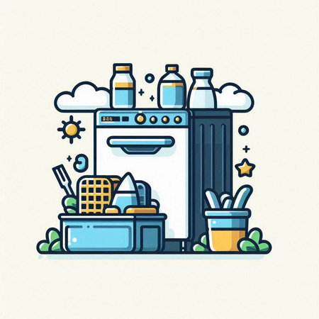 Household cleaning flat line icon. Vector illustration of household appliances.のイラスト素材