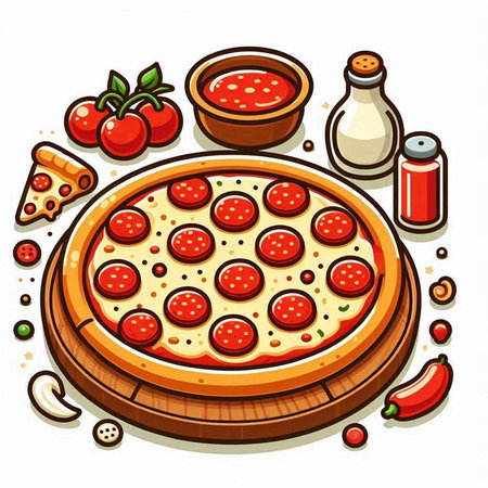 Illustration of pizza with tomato sauce and ingredients on a white backgroundのイラスト素材