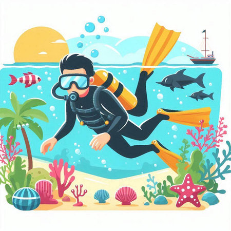 Scuba diving vector illustration. Scuba diver on the seashore.のイラスト素材