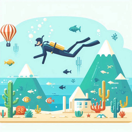 Scuba diving in the sea. Vector illustration. Flat style.のイラスト素材