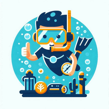 Scuba diving flat vector illustration. Cartoon man with scuba gear.のイラスト素材