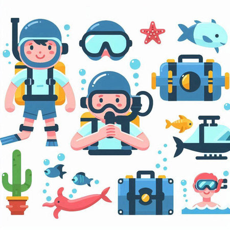 Set of scuba diving and diving icons. Flat style vector illustration.のイラスト素材