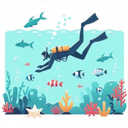 Scuba diving. Underwater life. Vector illustration in flat style.のイラスト素材