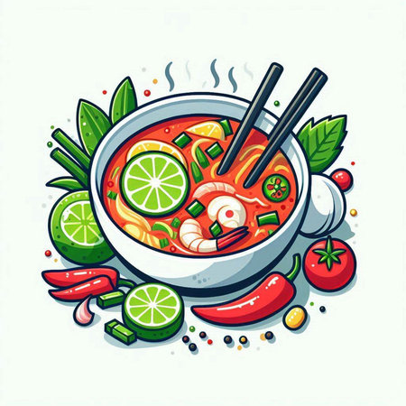 Illustration of a bowl of spicy soup with chopsticks and limeのイラスト素材