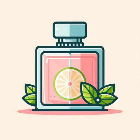 Bottle of perfume with lemon and mint leaves. Vector illustration.のイラスト素材