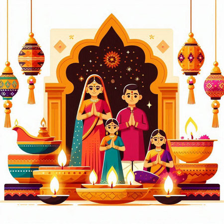 Indian family celebrating diwali festival with diwali or deepavali vector illustrationのイラスト素材