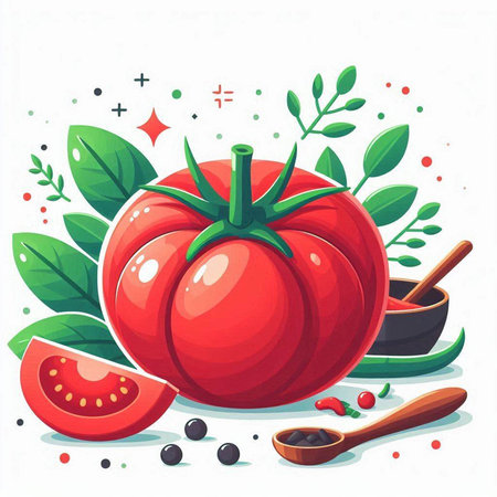 Tomato vector illustration. Vegetarian food. Fresh organic tomato with green leaves.のイラスト素材