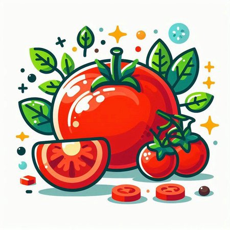 Illustration of fresh ripe red tomato with green leaves on white backgroundのイラスト素材