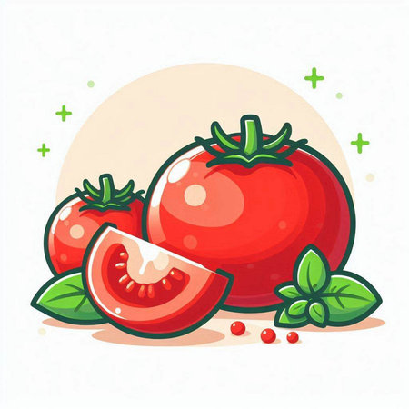 Tomatoes and basil. Vector illustration on a white background. Flat style.のイラスト素材