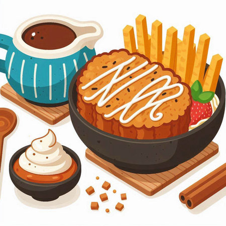 Illustration of a set of food and drinks on a white backgroundのイラスト素材