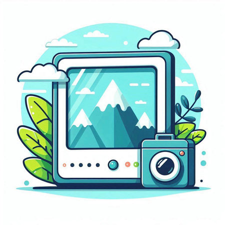 Tablet computer with camera and landscape. Vector illustration in flat styleのイラスト素材