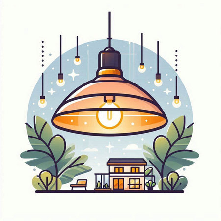 Vector illustration of home with chandelier in flat linear style.のイラスト素材