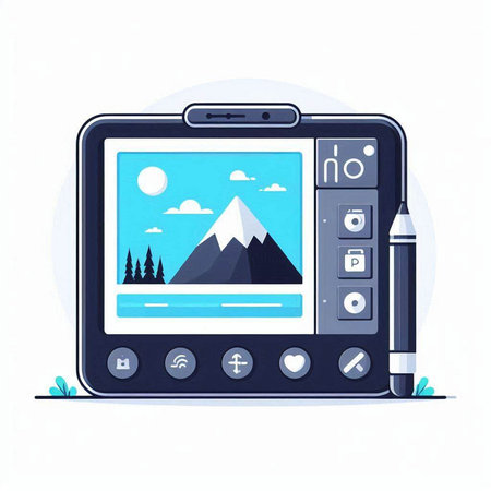 Vector illustration of a digital tablet with a picture of a mountain and a pen.のイラスト素材