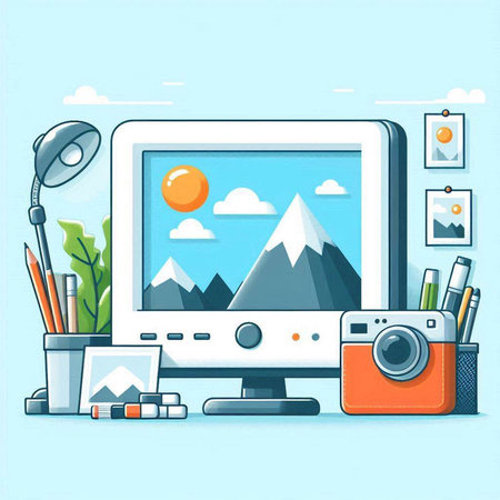 Workplace with computer, camera and objects. Flat style vector illustration.のイラスト素材