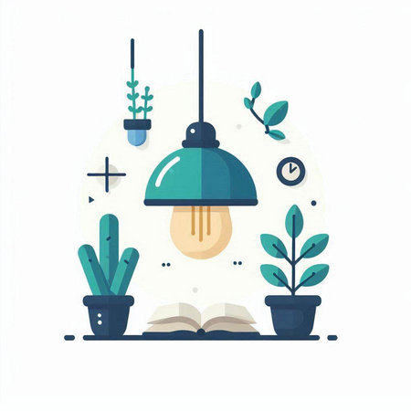 Flat design modern vector illustration concept of home interior with light bulb, books, potted plants.のイラスト素材