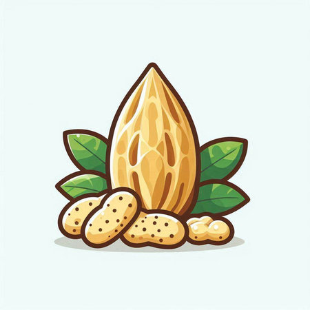 Almond nuts with leaves on light blue background. Vector illustration.のイラスト素材