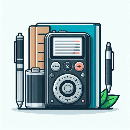 Vector illustration of a digital camera, notebook, pen and pencil.のイラスト素材