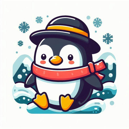 Cute cartoon penguin in hat and scarf. Vector illustration.のイラスト素材