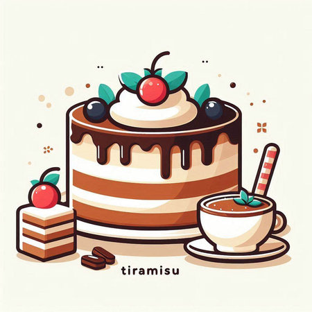 Vector illustration of a piece of cake with cream, berries and coffeeのイラスト素材