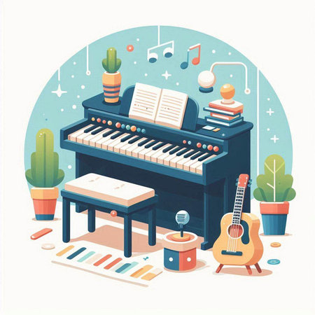Musical instruments. Piano, guitar, notes, notes. Flat style vector illustration.のイラスト素材