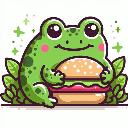 Funny green frog with hamburger on white background. Vector illustration.のイラスト素材