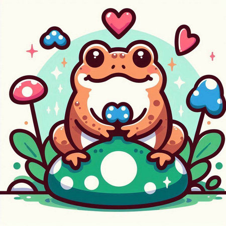 Cute cartoon frog sitting on a ball with hearts. Vector illustration.のイラスト素材
